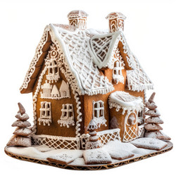 Gingerbread house standing on icing covered base with pine trees - yliv