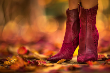 Woman wearing stylish red boots standing on fallen autumn leaves - yliv