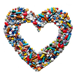 Colorful pills forming a big heart shape on white background - yliv