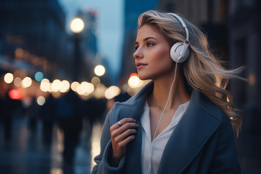 Young businesswoman wearing headphones enjoying music while walking in a city at night - yliv
