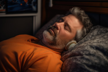 Mature man sleeping peacefully while listening to music with headphones in bed - yliv
