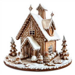 Gingerbread church covered in snow on white background - yliv