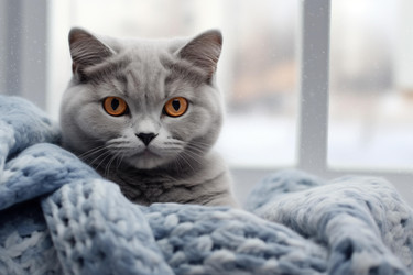 симпатичная британская короткошерстная кошка, отдыхающая на мягком одеяле у окна во время снегопада - yliv