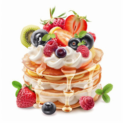 вкусные блинчики, политые медом, посыпанные взбитыми сливками, свежими ягодами и ломтиками киви - yliv