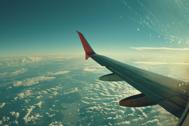 Airplane wing flying over beautiful landscape with clouds - yliv