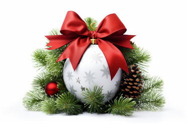 White christmas bauble with red bow, pine cone and branches showing festive holiday cheer - yliv