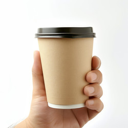 Hand holding a disposable paper coffee cup with a black lid in front of a white background - yliv
