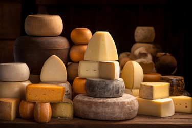 Cheese wheels assortment. Organic dairy products variety storehouse. Generate ai - yliv