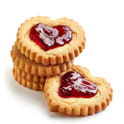 Heart shaped cookies with jelly filling stacked on white background - yliv