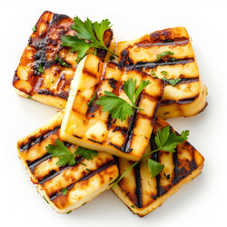 Delicious grilled slices of halloumi cheese with grill marks are served with fresh parsley - yliv