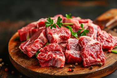 Raw diced beef cubes with herbs and spices on wooden cutting board - yliv