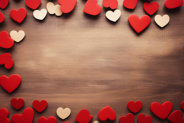 Red and beige hearts framing wooden background for valentine's day - yliv
