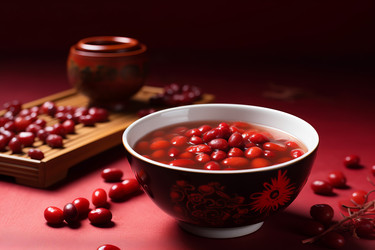 тарелка с вкусной острой красной фасолью. традиционное азиатское блюдо в черной тарелке на красном столе. генеративный контент - yliv
