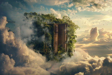 Open book floating in dramatic sky with lush green forest growing from its pages - yliv