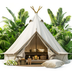 Cozy glamping tent nestled amidst a vibrant tropical jungle, offering a serene and secluded retreat - yliv