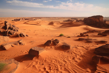 Large red rocks Gobi desert. Rocky sandy mountains arid massive area. Generate ai - yliv