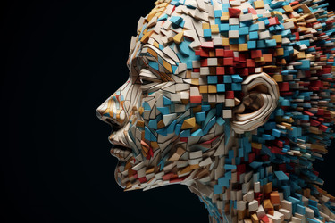 Side view of a human head formed by colorful voxels, symbolizing digital art, artificial intelligence, or virtual reality - yliv