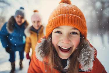 Happy smiling child enjoying winter snowfall with family - yliv