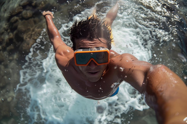 Young man swimming underwater wearing diving mask taking selfie - yliv