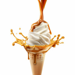 Soft serve ice cream in a waffle cone getting covered with pouring caramel sauce and splashing on white background - yliv