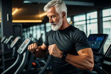 Senior man checking smartwatch while running on treadmill in gym - yliv