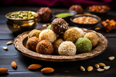 Delicious energy balls with nuts and seeds resting on ornate plate - yliv
