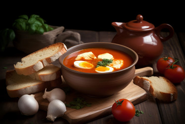 миска для томатного супа с яйцами на деревянной доске. приготовьте вкусную свежую горячую еду. генеративный контент - yliv