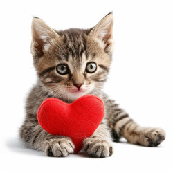 Cute kitten holding red heart on white background - yliv