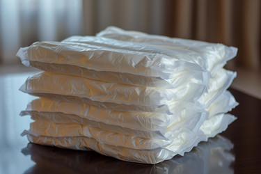 Stack of incontinence products is sitting on a table, suggesting the challenges and realities of aging - yliv