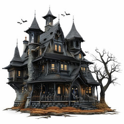 Creepy haunted house with glowing windows and bats flying around at night, perfect for halloween projects - yliv