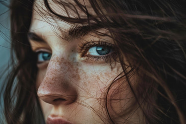 Portrait of freckled woman with blue eyes and windswept hair - yliv
