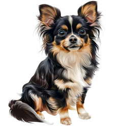 Colorful portrait of a long haired chihuahua sitting on a white background, showcasing its fluffy fur and endearing expression - yliv