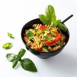 Delicious pasta salad with fresh vegetables, sesame seeds, and basil, served in a black bowl - yliv