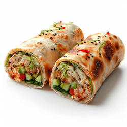 Two appetizing chicken wraps filled with fresh vegetables, herbs, and sesame seeds, creating a healthy and flavorful meal - yliv