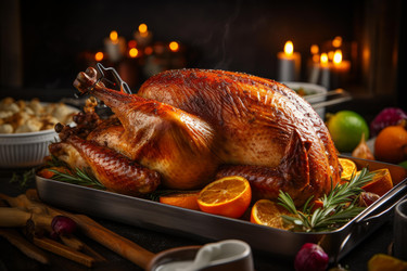 Steaming hot roasted turkey garnished with rosemary and oranges, centerpiece of a thanksgiving dinner table with side dishes and candles in the background - yliv