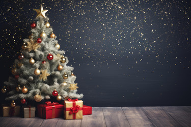 Christmas tree with colorful ornaments and gift boxes on a wooden floor with a dark sparkling background - yliv