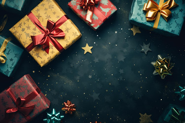 Wrapped christmas presents on dark background with glitter and stars - yliv