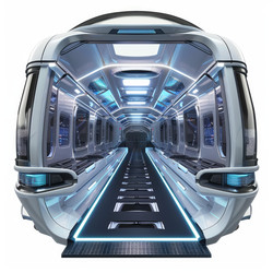 Futuristic spaceship interior with an open door revealing a luminous corridor with passenger cabins - yliv