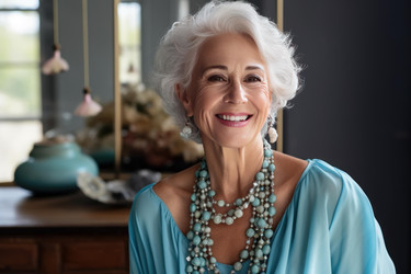 Elegant senior woman smiling and wearing turquoise necklace - yliv