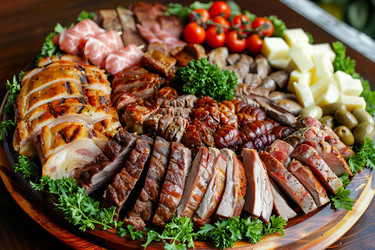 Wooden tray presenting variety of grilled and smoked meat cuts with cheese, olives and tomatoes - yliv