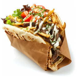 Delicious traditional greek gyros pita sandwich being held by paper wrap - yliv