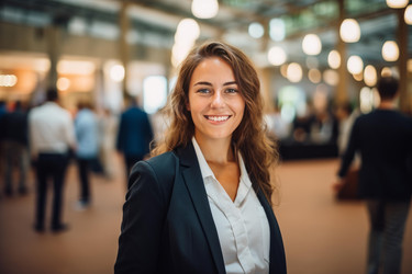Young businesswoman smiling during a business convention at the expo center - yliv