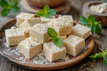 вкуснейшая помадка из белого шоколада, украшенная листьями свежей мяты, на деревянной тарелке в деревенском стиле - yliv