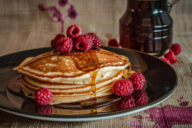 вкусные блинчики с малиной и кленовым сиропом, капающие на черную тарелку - yliv