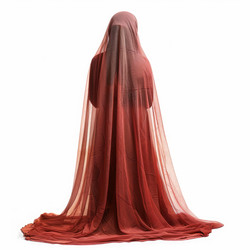 Muslim woman praying with red veil covering her body on white background - yliv