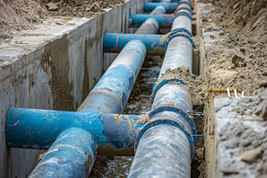 Large blue industrial pipes laying in concrete trench during infrastructure construction - yliv