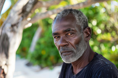 Portrait of senior african man sitting under tree canopy - yliv