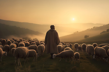 Shepherd with sheep flock sunset landscape. Generate ai - yliv