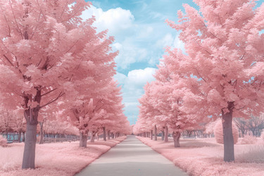 Pink trees framing a paved path under a cloudy blue sky - yliv