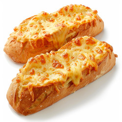 Two halves of baguette with melted cheese forming appetizing crust isolated on white background - yliv